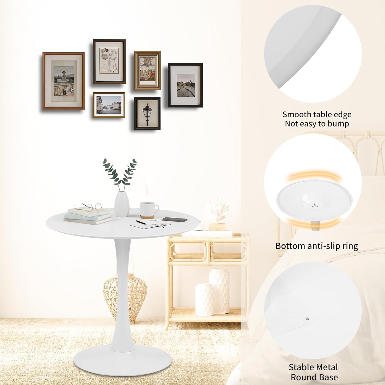 32" White Round Dining Table, Mid-Century Modern Circular Tulip Table with Thickened Top & Sturdy Metal Pedestal, Small Round Bistro Kitchen Table for for 4 People, Easy Assembly