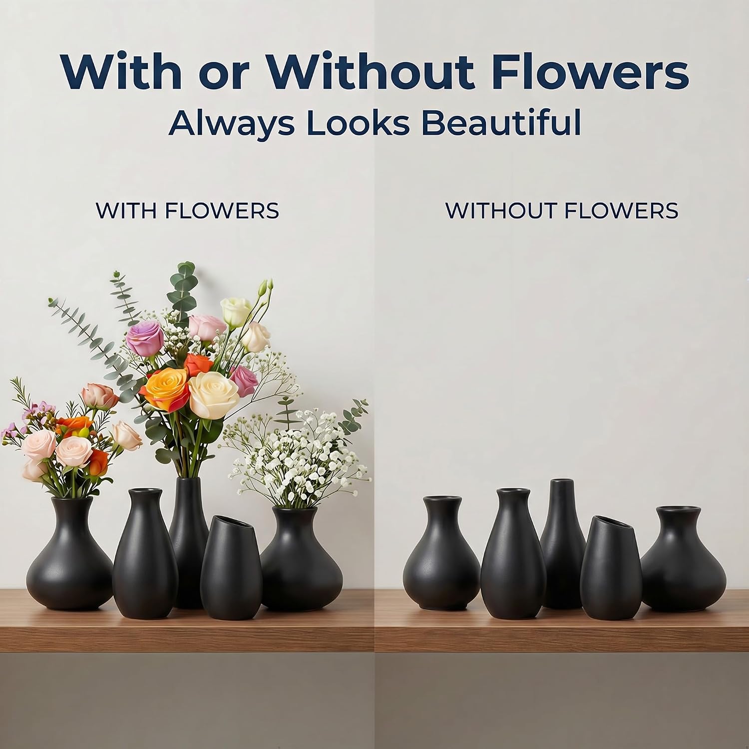 Black Ceramic Bud Vase Set of 10, Small Vases for Pampas Grass, Flowers, Mini Vases for Modern Home Decor, Minimalist Decor, for Living Room, Dining Table & Shelves