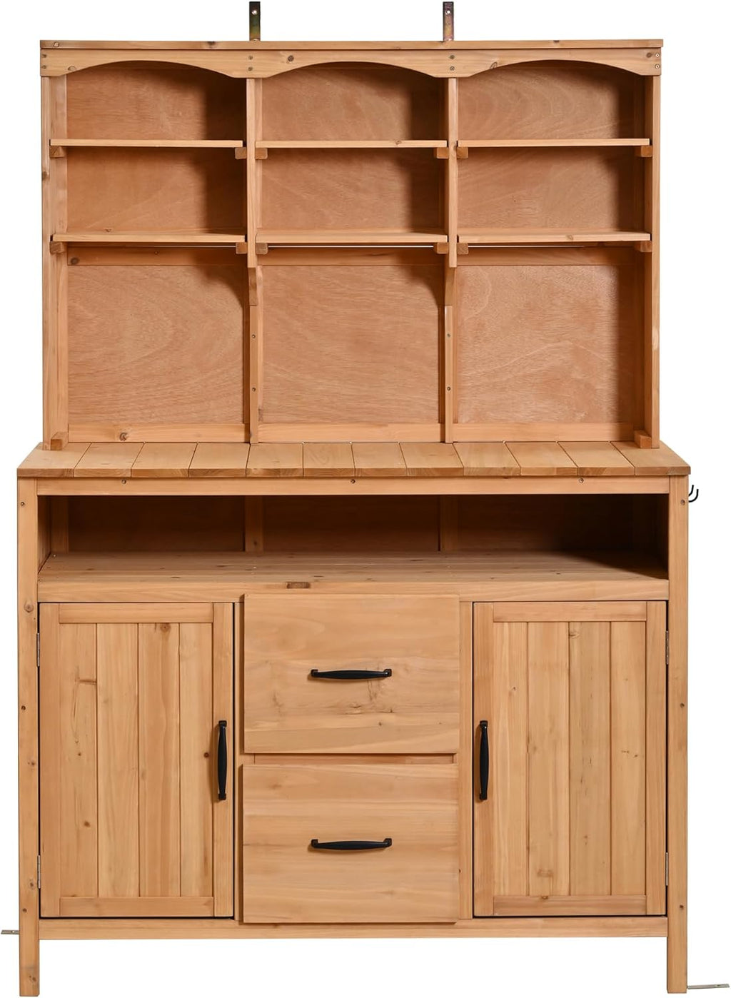 Merax 45.3" Large Outdoor Fir Wood Potting Bench with Storage, Multi-Functional Patio Kitchen Island, 6-Shelf Hutch+2 Cabinets+2 Drawers+3 Hooks, Garden Workstation for Planting, Gardening, Natural