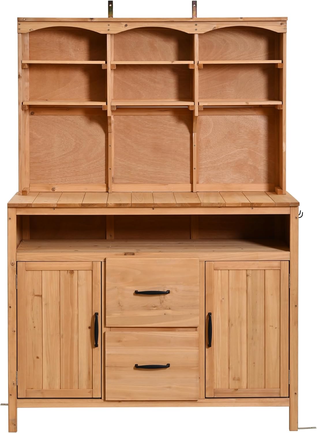 Merax 45.3" Large Outdoor Fir Wood Potting Bench with Storage, Multi-Functional Patio Kitchen Island, 6-Shelf Hutch+2 Cabinets+2 Drawers+3 Hooks, Garden Workstation for Planting, Gardening, Natural