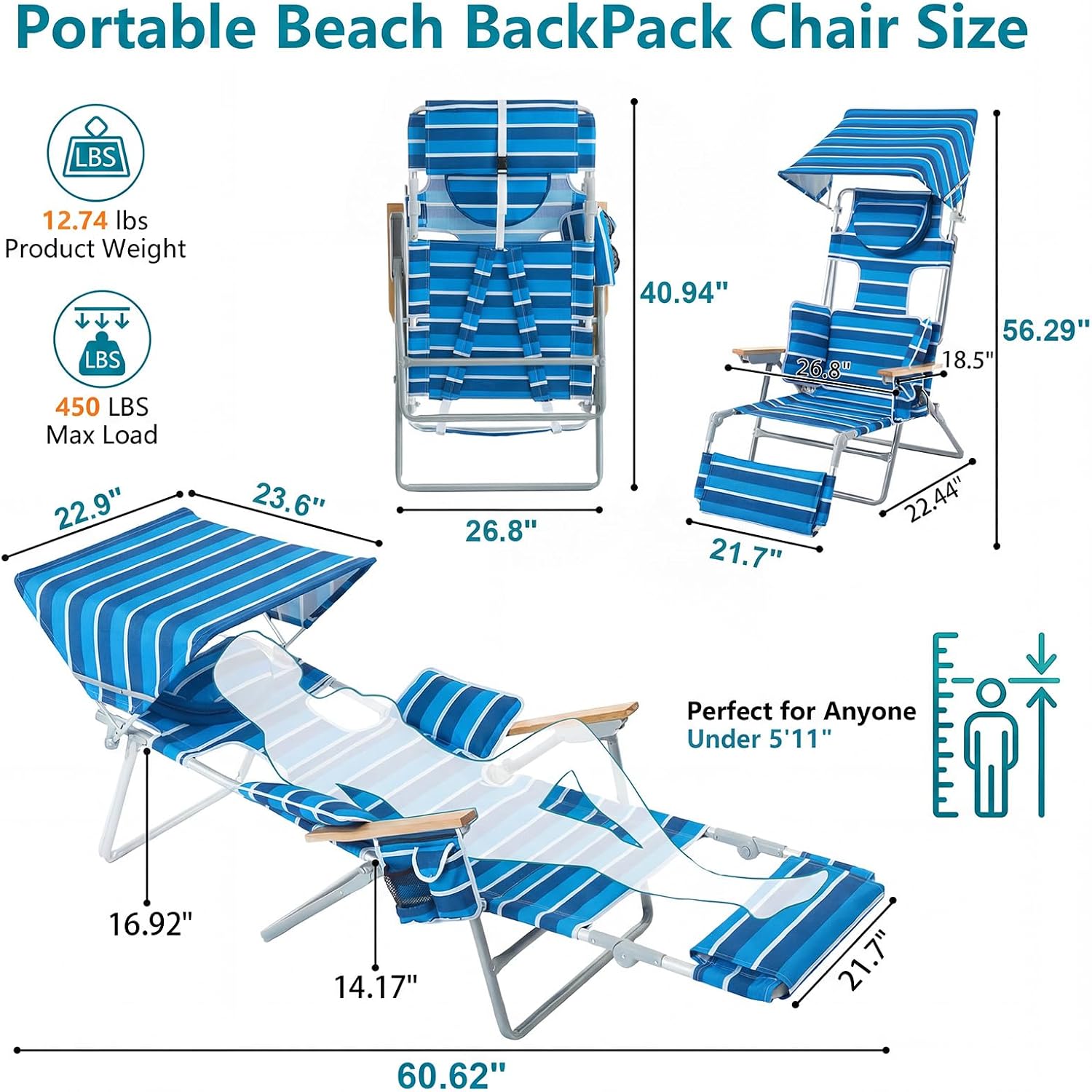 Backpack Beach Chair with Footrest, Double Shoulder Straps Folding Tanning Chair with Face & Arm Hole,Sunbathing Lounge Chair for Pool, Beach, Lawn (2Pcs, Standard)