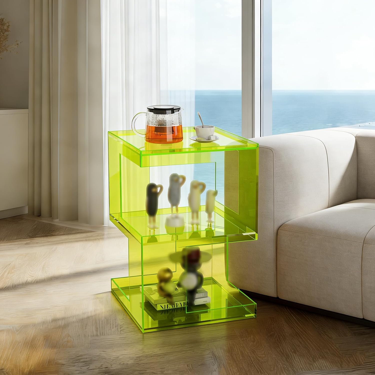 Acrylic End Table with 3 Tiers Storage, Modern Transparent Side Table and Multifunctional Accent Table, Small Nightstand or End Tables for Living Room, Bedroom, Office Decor, Fluorescent Green