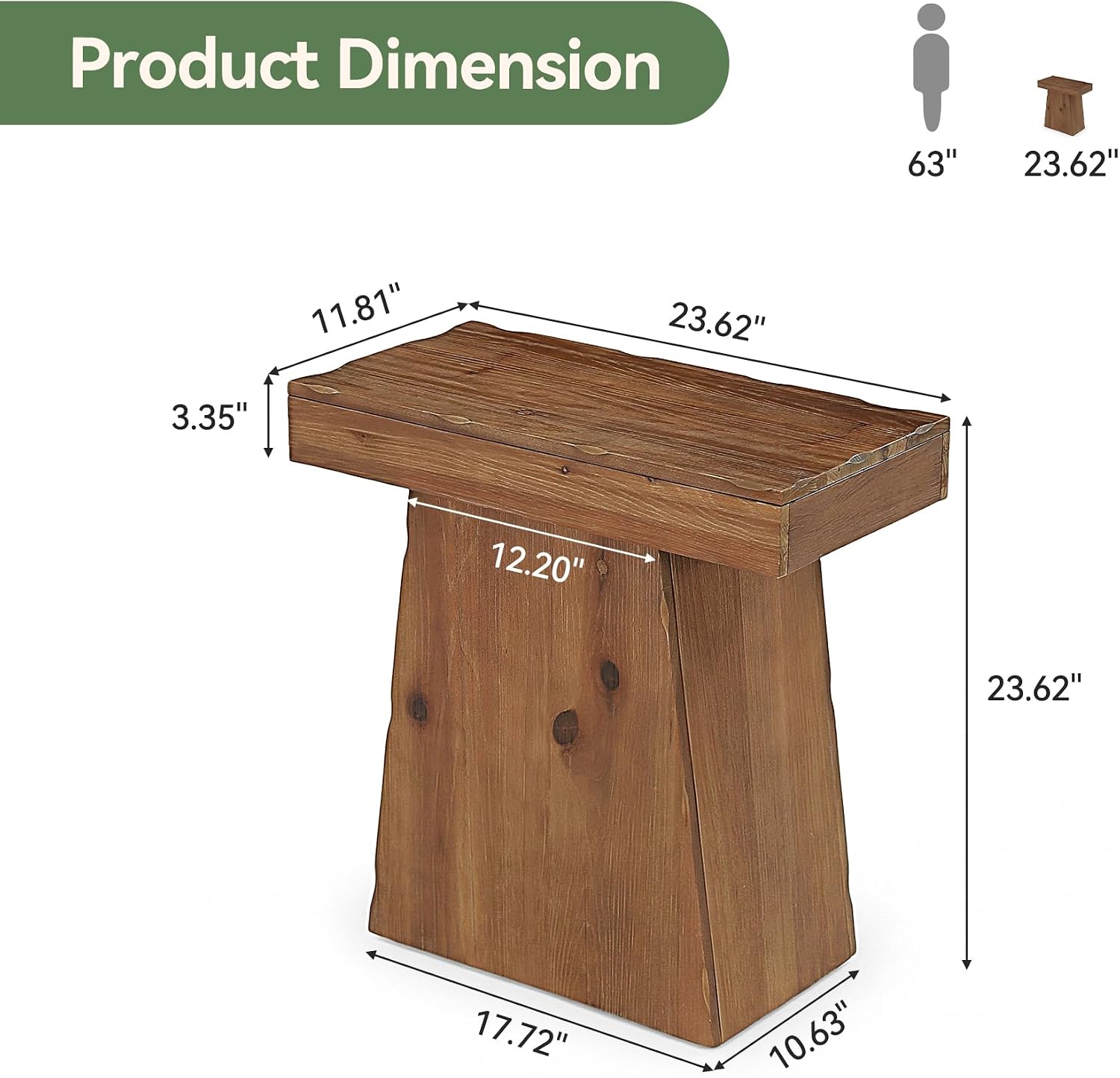 Solid End Table, 23.6" Wood Side Table with Trapezoid Base for Small Space, Living Room, Easy Assembly, Warm Walnut Brown