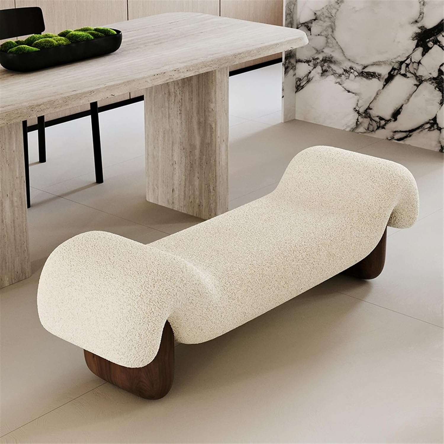 Modern White Wooden and Fabric Sofa Stool Retro Style for Changing Shoes Bedroom Bedside and Dressing Room Entryway(Large)
