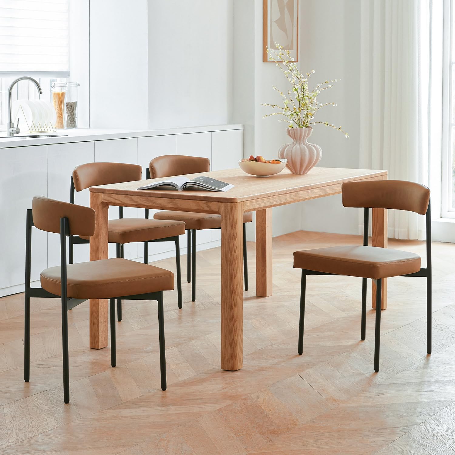GrandNoor Brown Faux Leather Dining Chairs Set of 4, Armless Upholstered Kitchen Chair,Modern Dining Room Chair with Curved Backrest