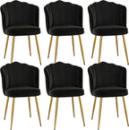 VECELO Velvet Dining Chairs Set of 6, Modern Upholstered Kitchen Chairs with Thick Cushions, Curved Padded Backrest and Metal Legs, for Kitchen, Dining Room, Living Room, Black