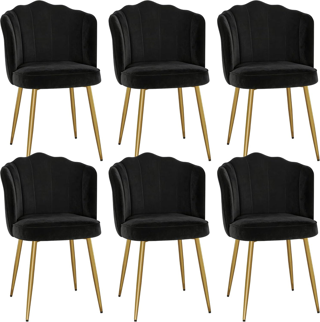 VECELO Velvet Dining Chairs Set of 6, Modern Upholstered Kitchen Chairs with Thick Cushions, Curved Padded Backrest and Metal Legs, for Kitchen, Dining Room, Living Room, Black