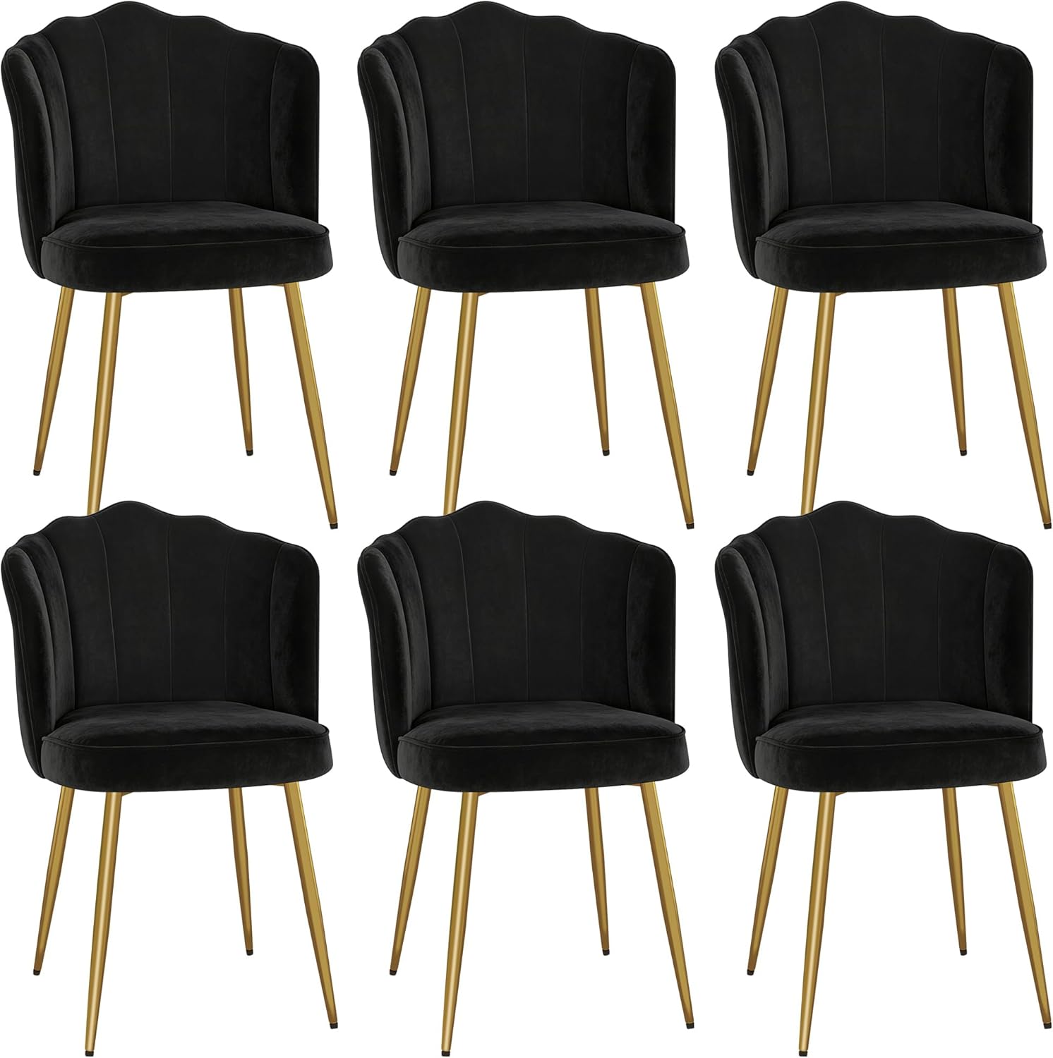 VECELO Velvet Dining Chairs Set of 6, Modern Upholstered Kitchen Chairs with Thick Cushions, Curved Padded Backrest and Metal Legs, for Kitchen, Dining Room, Living Room, Black