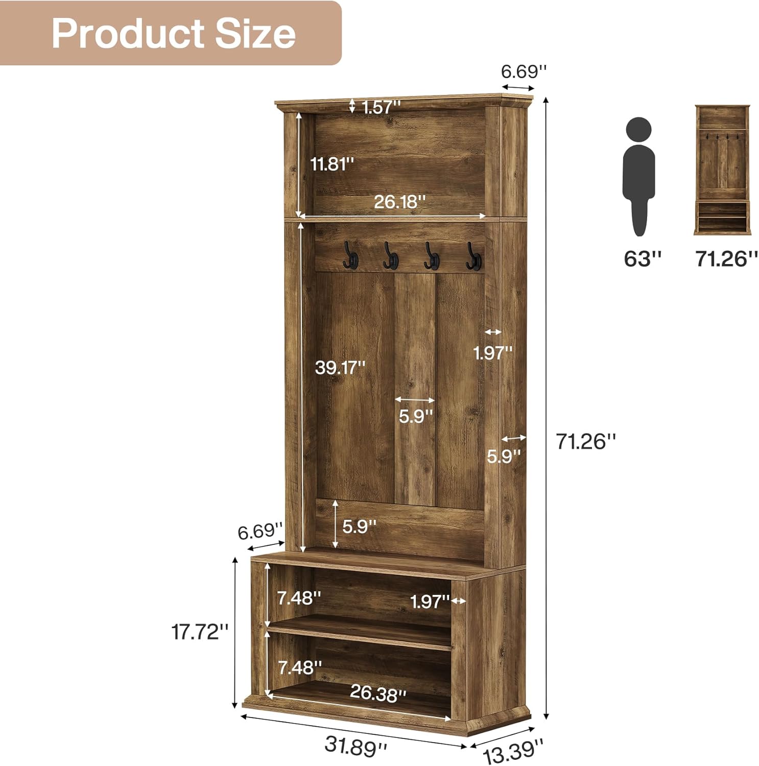 Tribesigns Hall Tree with Bench and Shoe Storage, 70.89" Tall Hall Tree with Coat Hooks, Open Shoe Shelves and Top Display Shelf, Entryway Coat Rack for Mudroom, Hallway, Bedroom, Rustic Brown