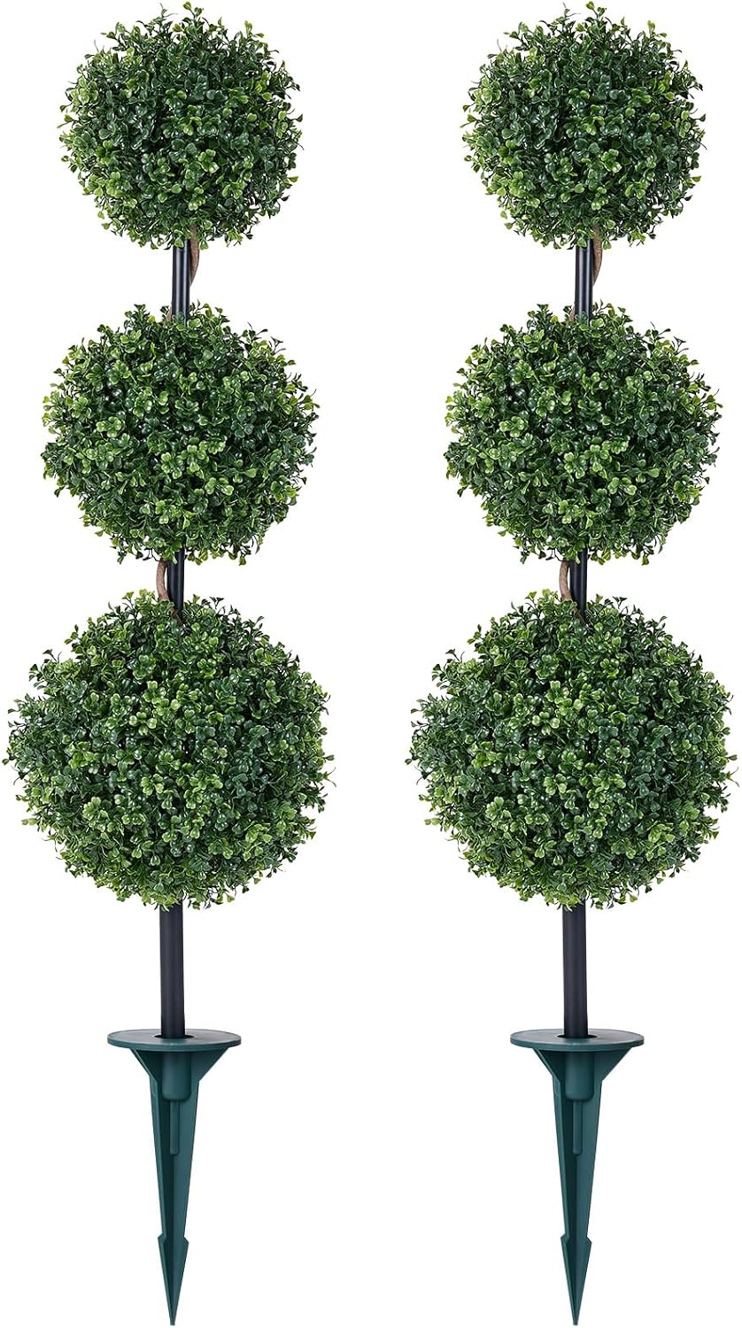 VeriNatural Artificial Plants Outdoor,3ft Artificial Triple Ball Boxwood Topiary Tree,Set of 2 UV Resistant Fake Potted Plants for Front Porch Decor,Faux Plant for Home,Garden, Balcony,Patio