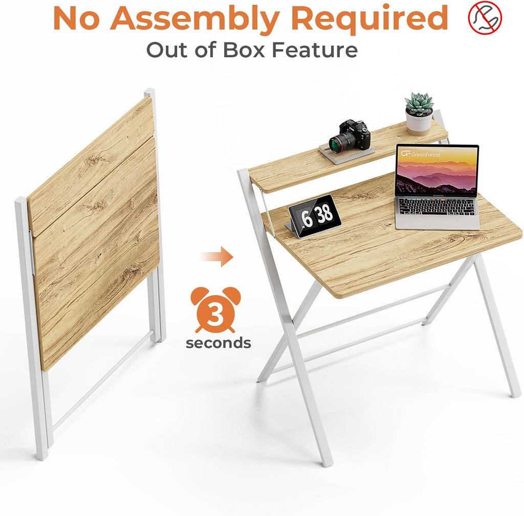 GreenForest Portable Small Desk No Assembly, 2-Tier Compact Computer Desk with Shelf, Space Saving Foldable Table for Home Office, Bedroom or Apartment, Portable Collapsible Sturdy Laptop Desk, Oak