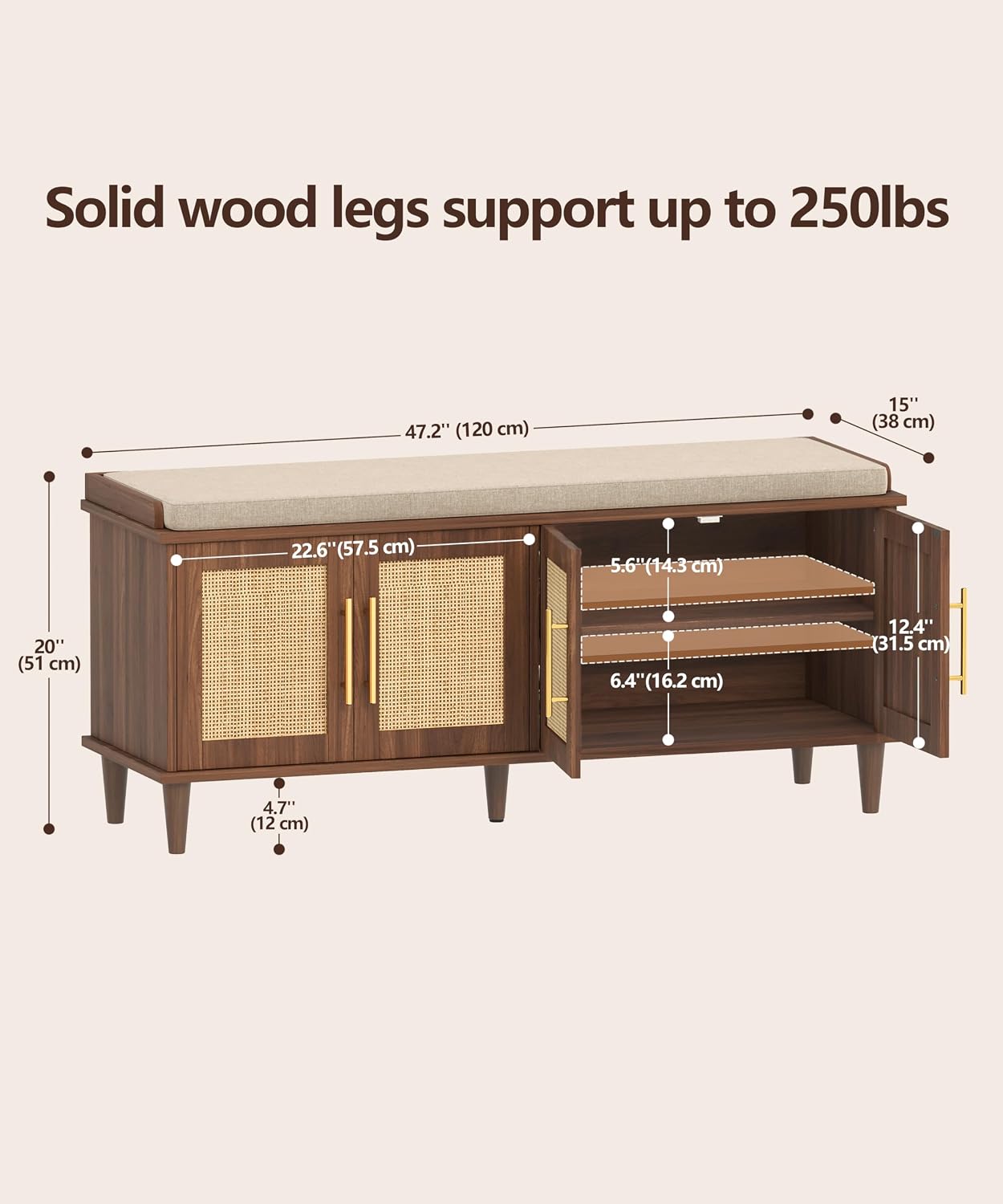 Akxomel Rattan Shoe Storage Bench with Cushion, 2-Tier Entryway Bench with Adjustable Shelves and 4 Doors, 15" D x 47.2" W x 20" H, Solid Wood Legs, for Hallway, Living Room, Bedroom, Walnut