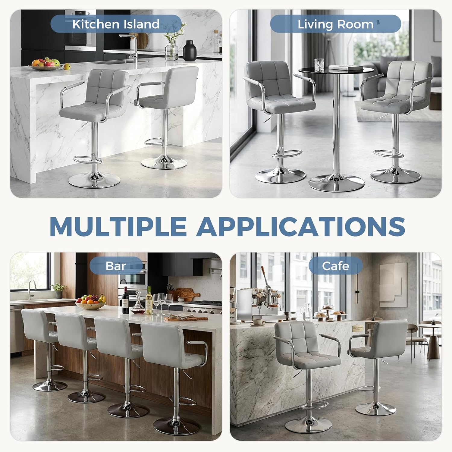 DUMOS Bar Stools Set of 2, Adjustable Swivel Bar Chairs with Padded Armrests and Ergonomic Backrest for Kitchen Island Counter Pub Dining Room, Water-Resistant PU Leather, Grey