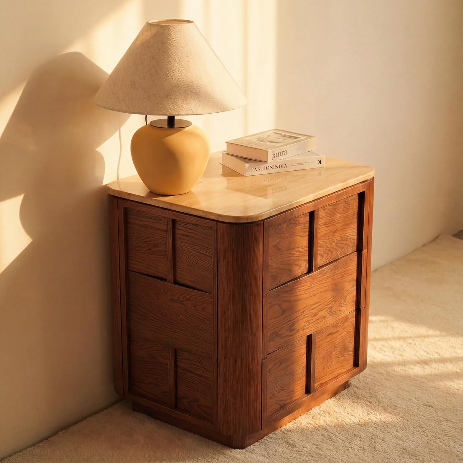 Hearth End Table with Travertine Top Oak Wood Nightstand with 3 Drawer Bedside Table Modern Wood Side Table with Storage White Oak Finish Brown Sofa Side Table for Living Room, Bedroom