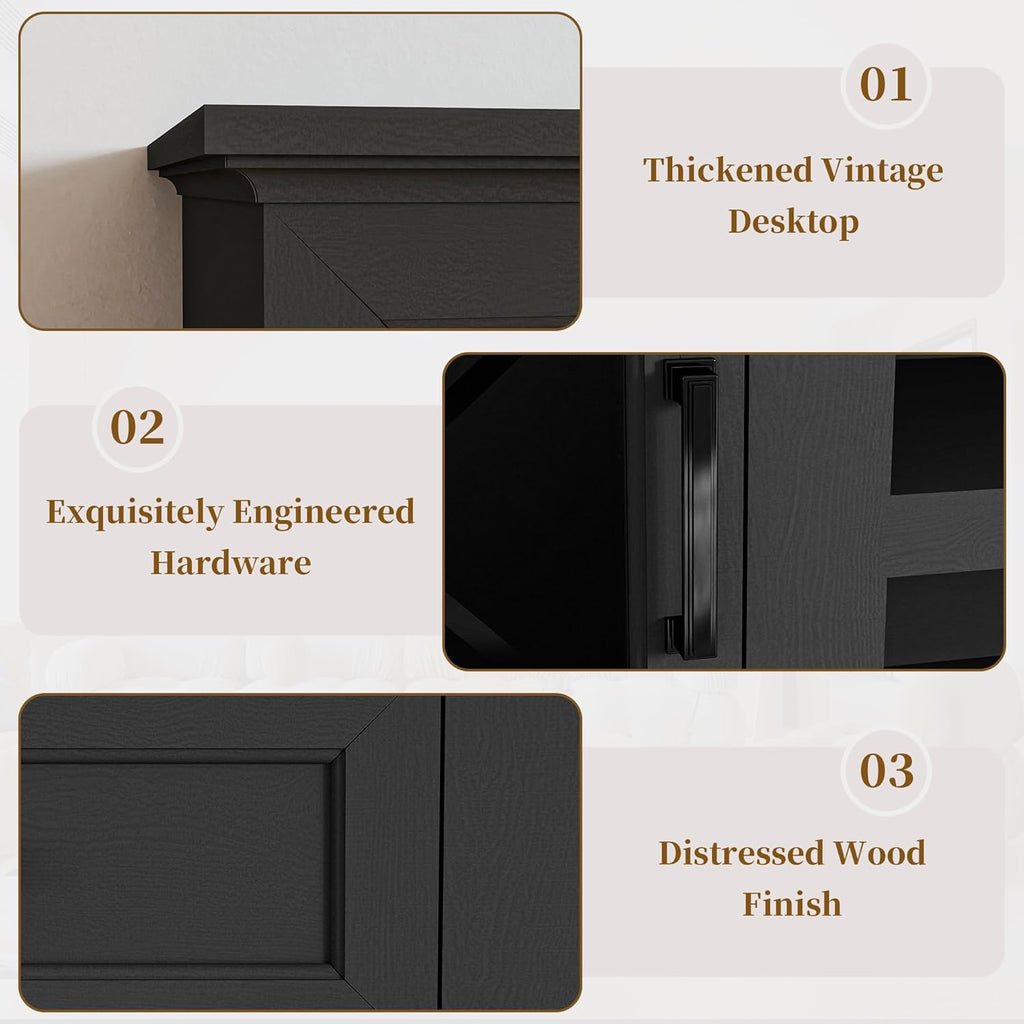 63 Inch Sideboard Buffet Cabinet with 4 Glass Doors, Coffee Wine Bar Storage Cabinet, Modern Buffet Table with Storage for Dining Room, Kitchen, Living Room, Black