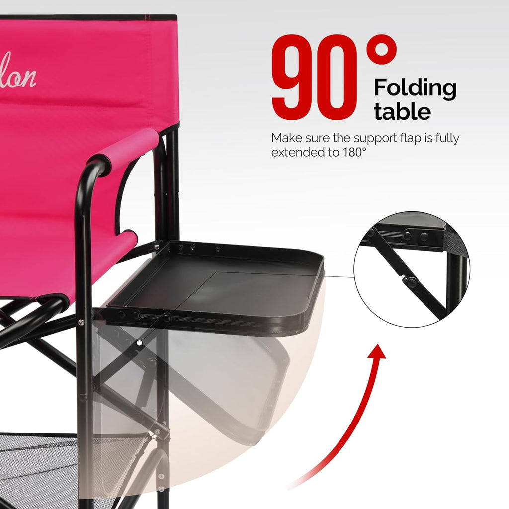 OmySalon Tall Folding Directors Chair with Side Table Storage Bag, Aluminum Frame 300 lbs Capacity, Portable Makeup Artist Bar Height, 19.7" D x 24.6" W x 45.7" H(Rose Red)