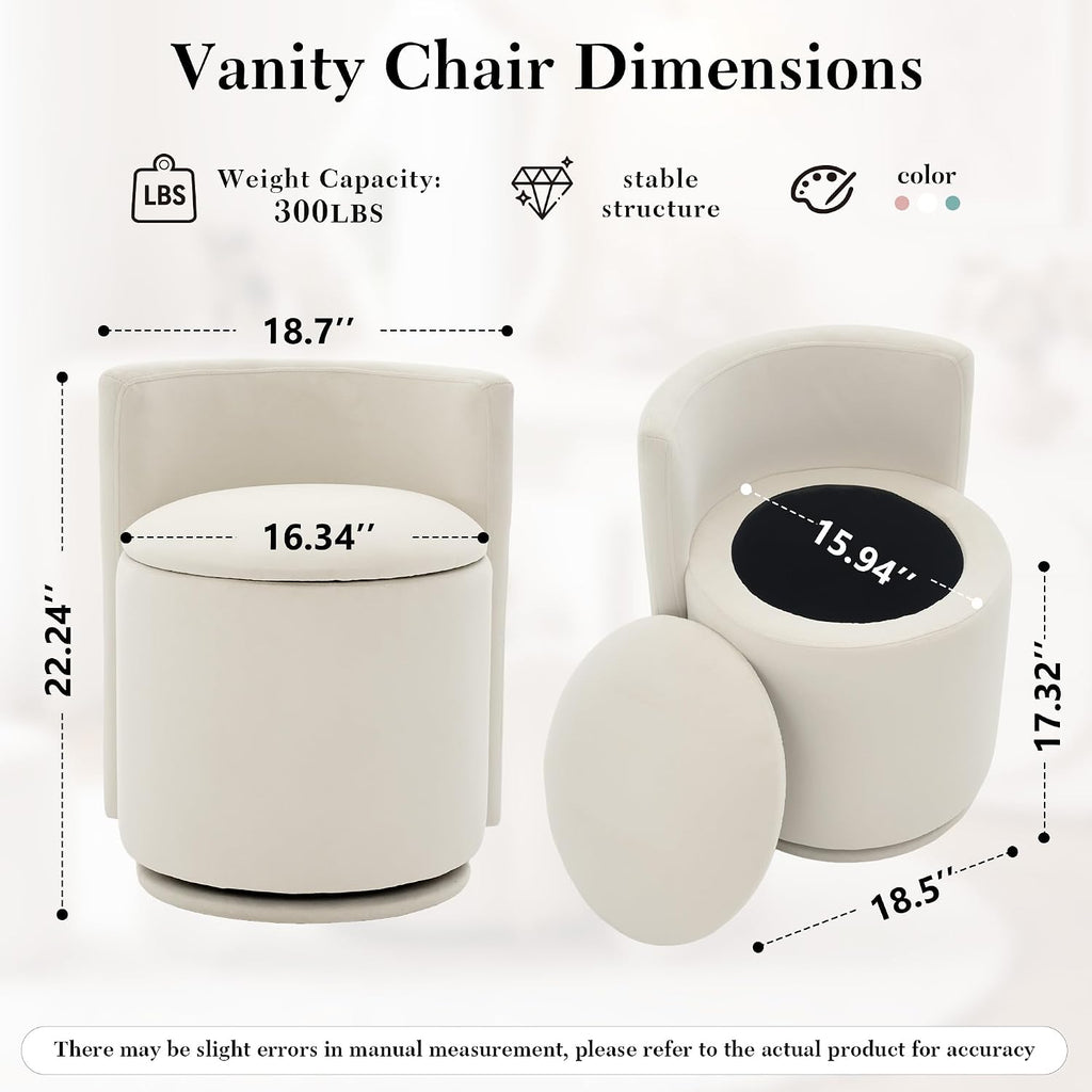 FOXHUNTER Vanity Stool with Storage Vanity Chair with Back, 360°Swivel Accent Chair Upholstered Vanity Chairs for Living Room, Makeup Room,Bedroom,Office(Beige)