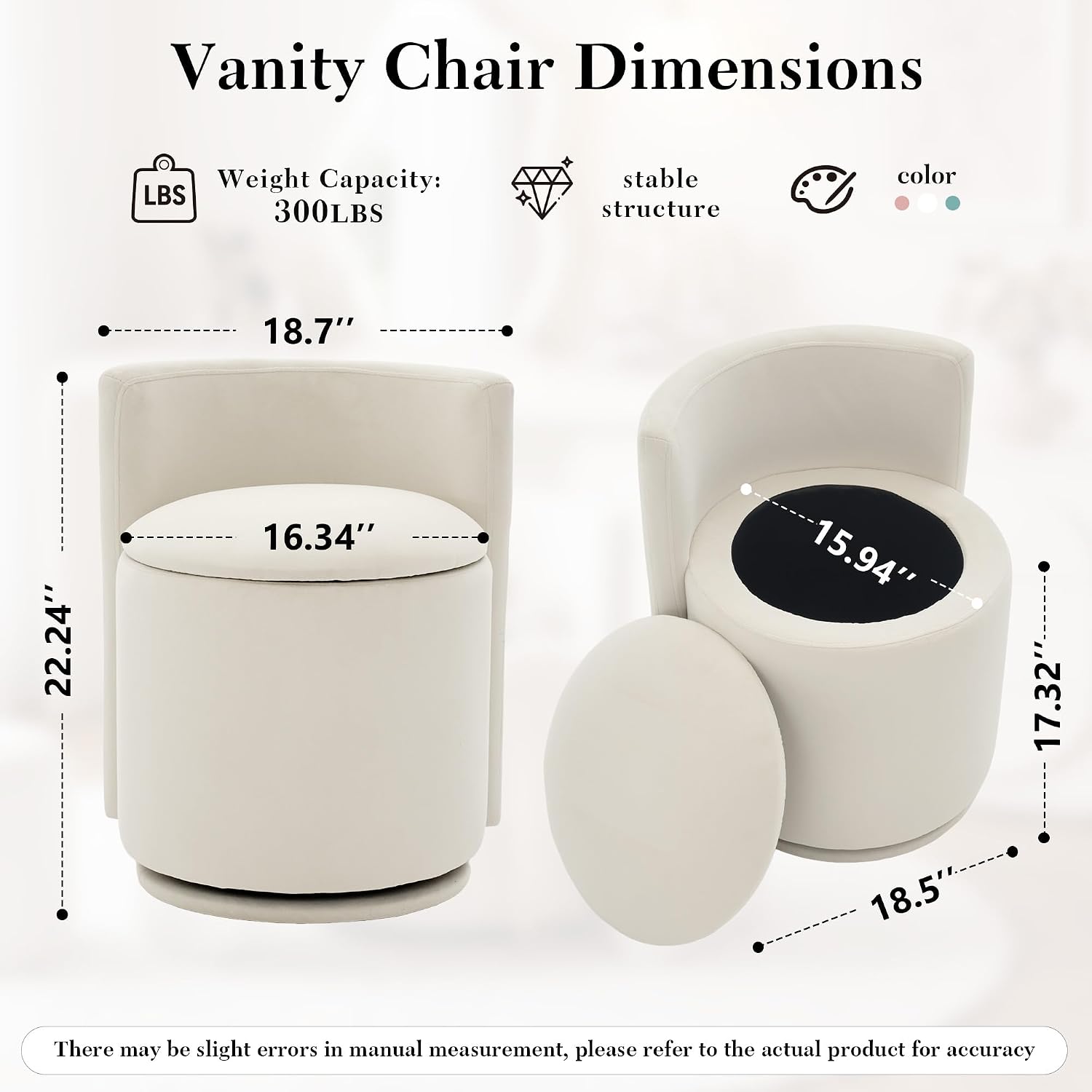 FOXHUNTER Vanity Stool with Storage Vanity Chair with Back, 360°Swivel Accent Chair Upholstered Vanity Chairs for Living Room, Makeup Room,Bedroom,Office(Beige)