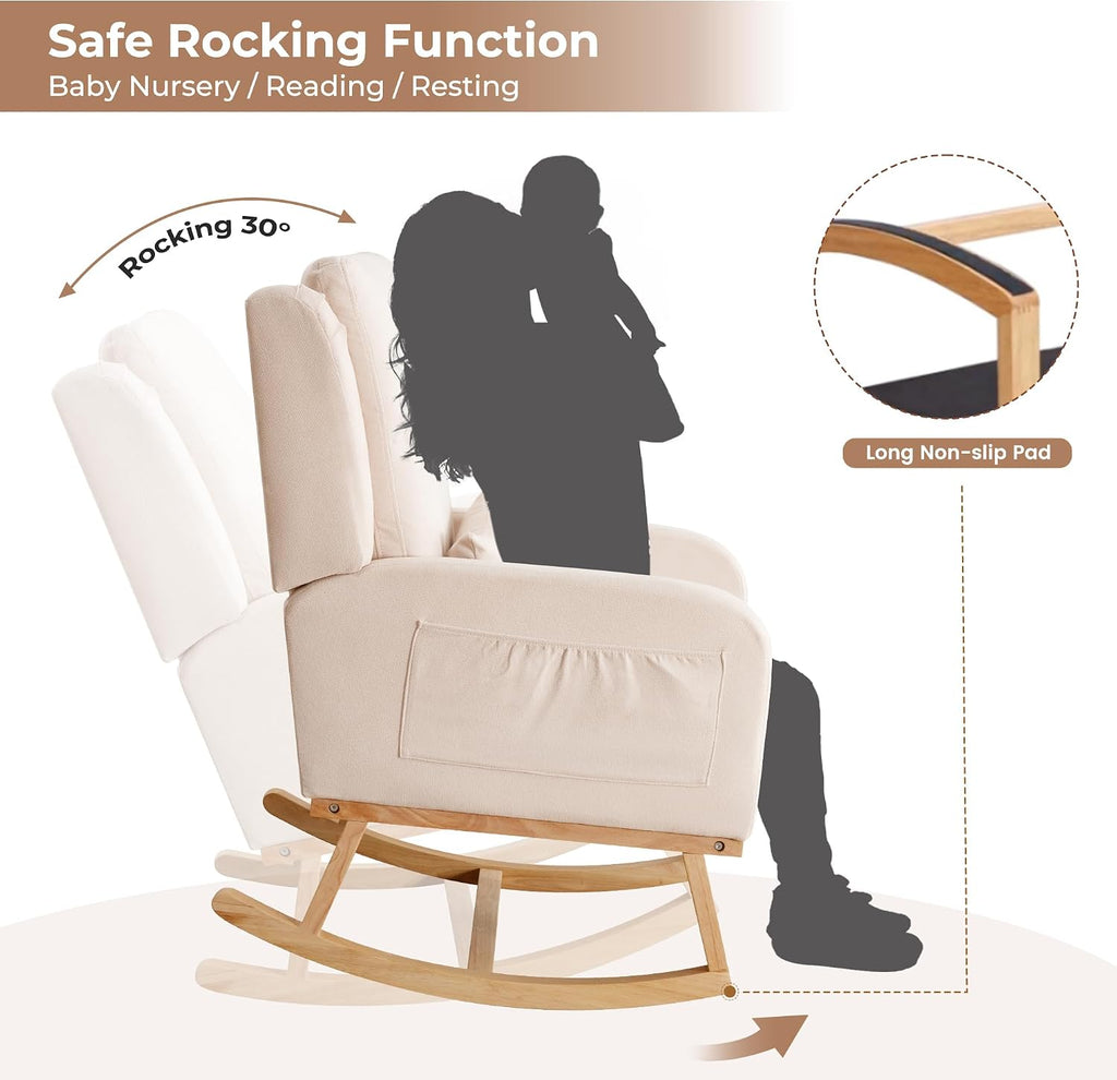 Rocking Chair Nursery, Nursing Rocking Chairs Upholstered, Glider Rocker with Lumbar Pillow and Side Pockets, Modern Rocker Chair for Bedroom, Living Room, Beige