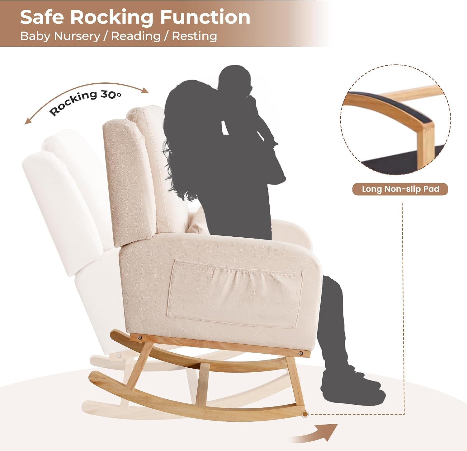 Rocking Chair Nursery, Nursing Rocking Chairs Upholstered, Glider Rocker with Lumbar Pillow and Side Pockets, Modern Rocker Chair for Bedroom, Living Room, Beige