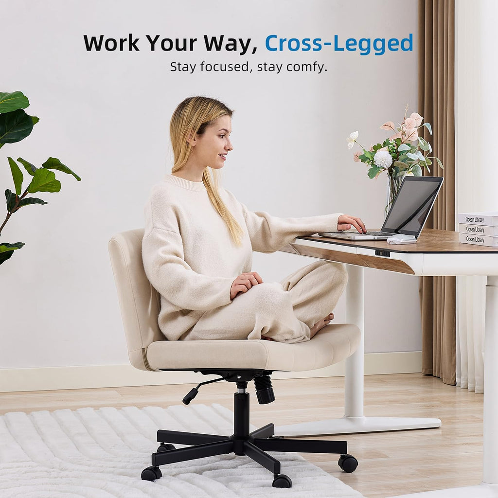 amseatec Criss Cross Chair, Wide Cross Legged Desk Chair with Wheels, Comfy Fabric Vanity Chair for Home Office, Adjustable Armless Swivel Task Chair with 90–115°Tilt（300Lbs/Beige）
