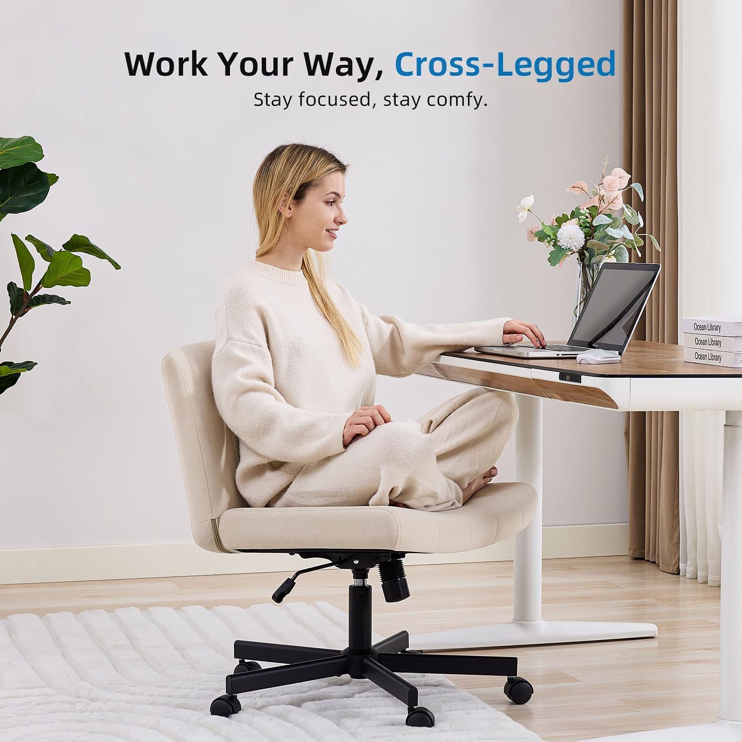 amseatec Criss Cross Chair, Wide Cross Legged Desk Chair with Wheels, Comfy Fabric Vanity Chair for Home Office, Adjustable Armless Swivel Task Chair with 90–115°Tilt（300Lbs/Beige）