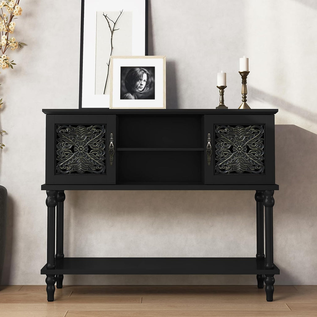 ARTPOWER Vintage Console Table with Hand-Carved Doors, 42" Narrow Entryway Table with Storage, Retro Sofa Table with Open Storage Shelf, Console Tables for Entryway, Hallway, Foyer, Living Room, Black
