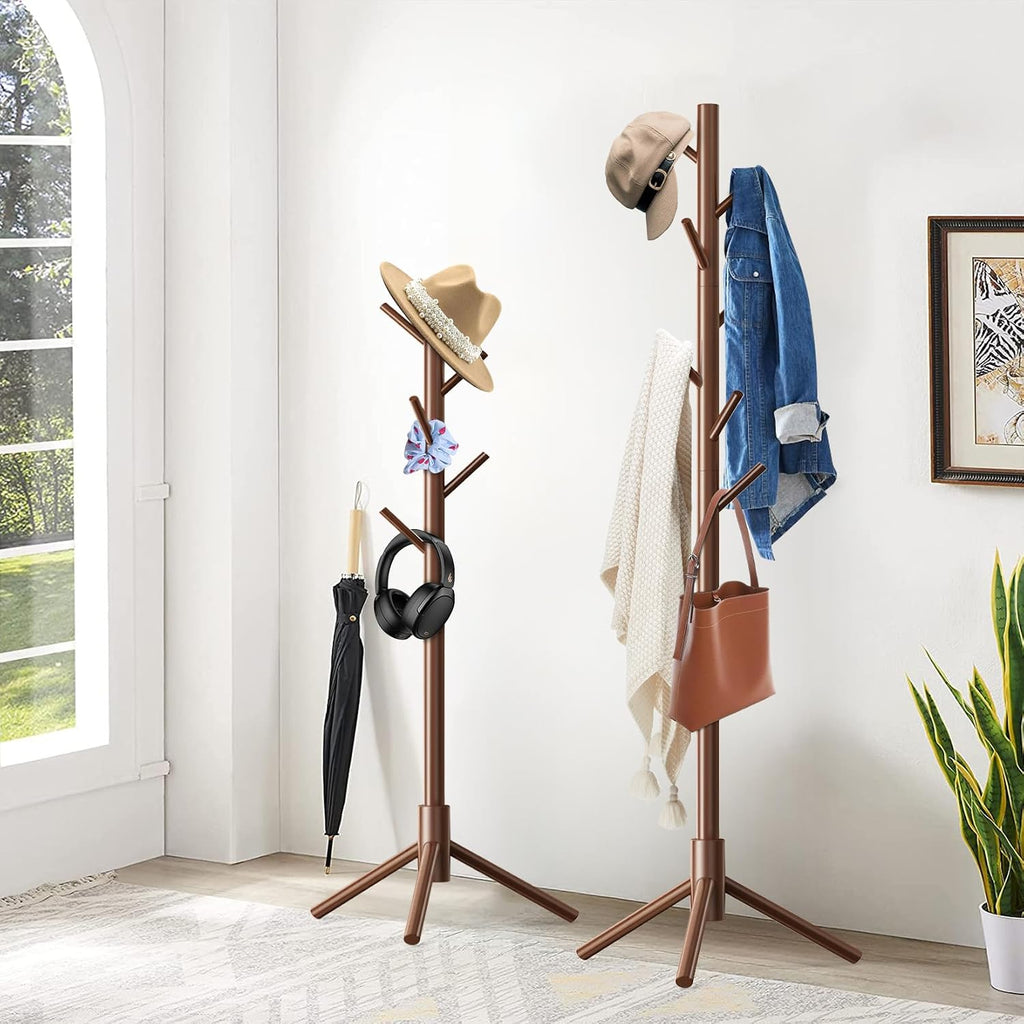 Wooden Coat Rack Freestanding with 8 Hooks,Easy Assembly New Zealand Pine Tree Coat Racks, 3 Adjustable Sizes for Clothes, Hats, Bags, for Entryway, Hallway, Bedroom, Office (Brown, 2 PCS)