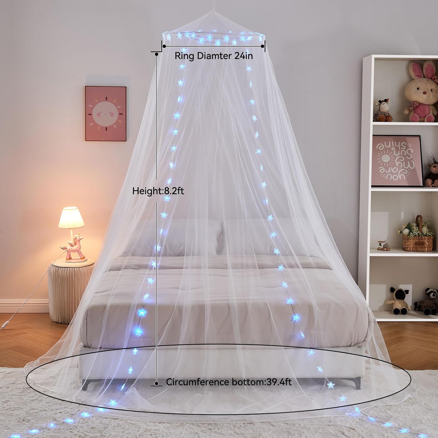 Obrecis Bed Canopy with LED Star Lights, Princess Canopy Bed Curtain with 18 Colors Changing String Lights Remote Timer for Girls Bedroom, Pink Red Blue White Dome Canopy for Twin to King Size Bed