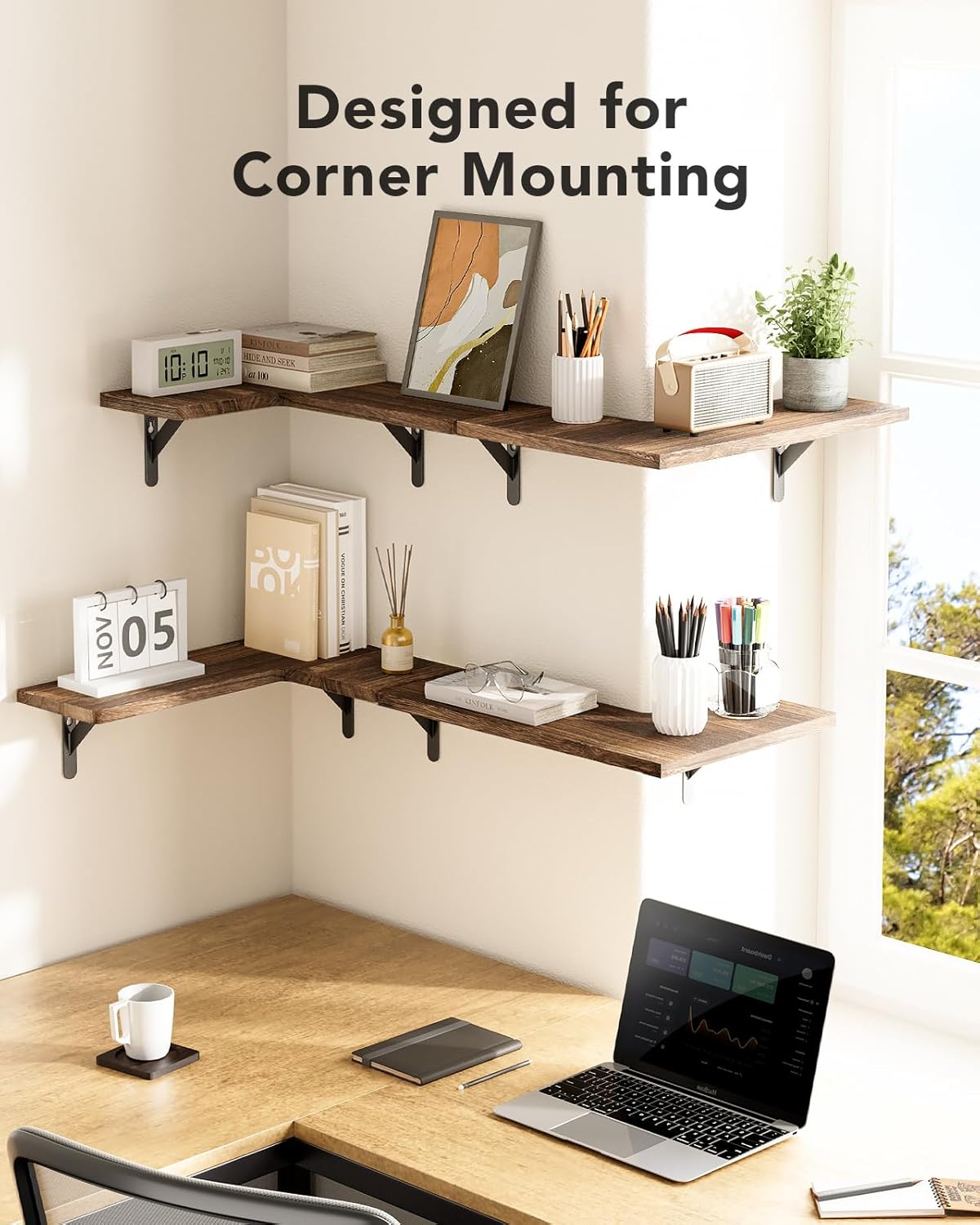 Amada HOMEFURNISHING Corner Floating Shelves, Set of 4 Corner Wall Shelves, Shelves for Wall Decor, Corner Wood Shelves for Home Decor, Office, Bedroom, Bathroom, Laundry Room, Kitchen, Brown