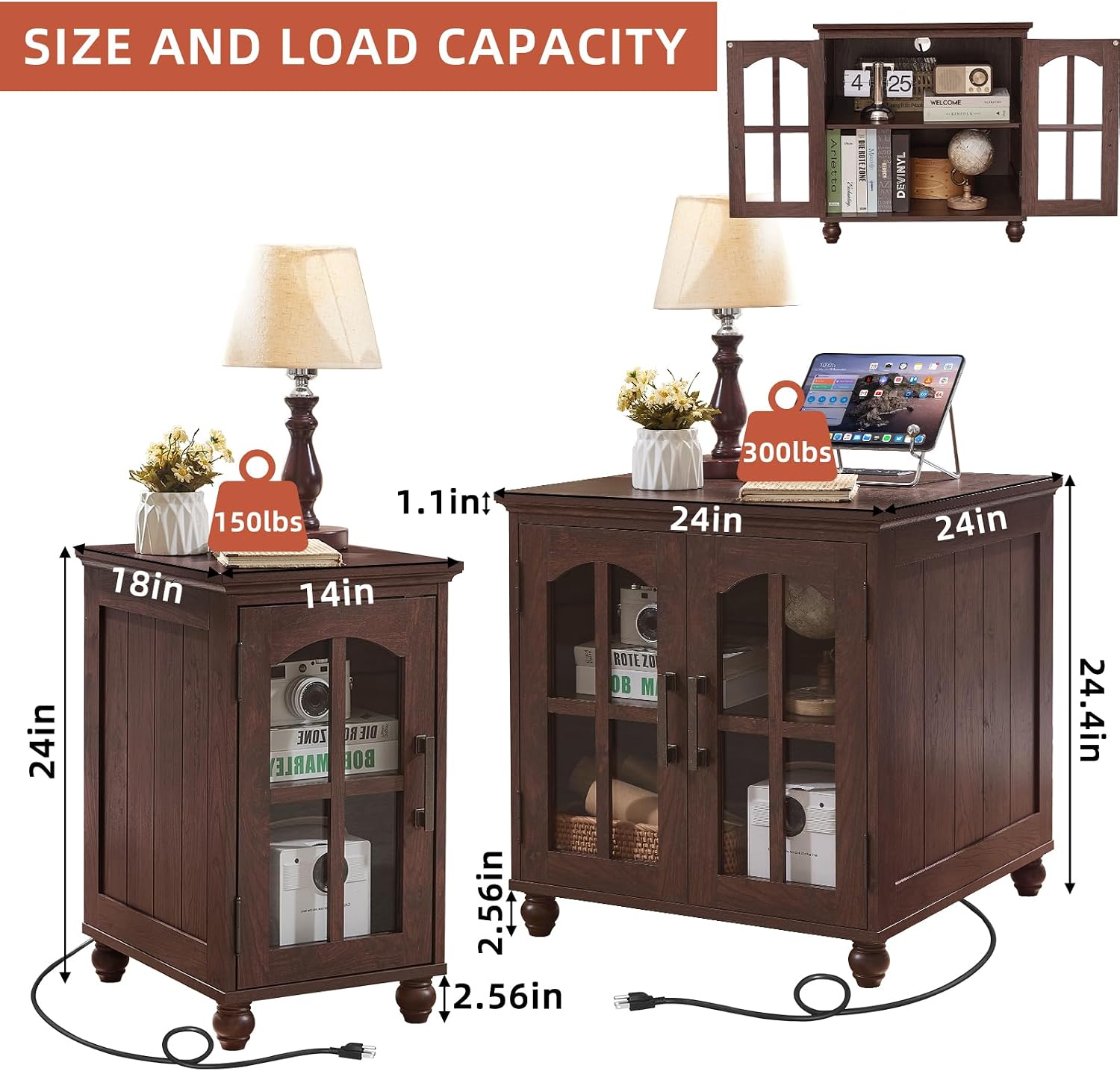 RWYHG End Table Set 2 with Charger, 18'' Nightstand and 24" Side Tables | Glass Barn Door Storage, Solid Wood Legs Farmhouse Style Bedside Table for Living Room,Bedroom Consistent style