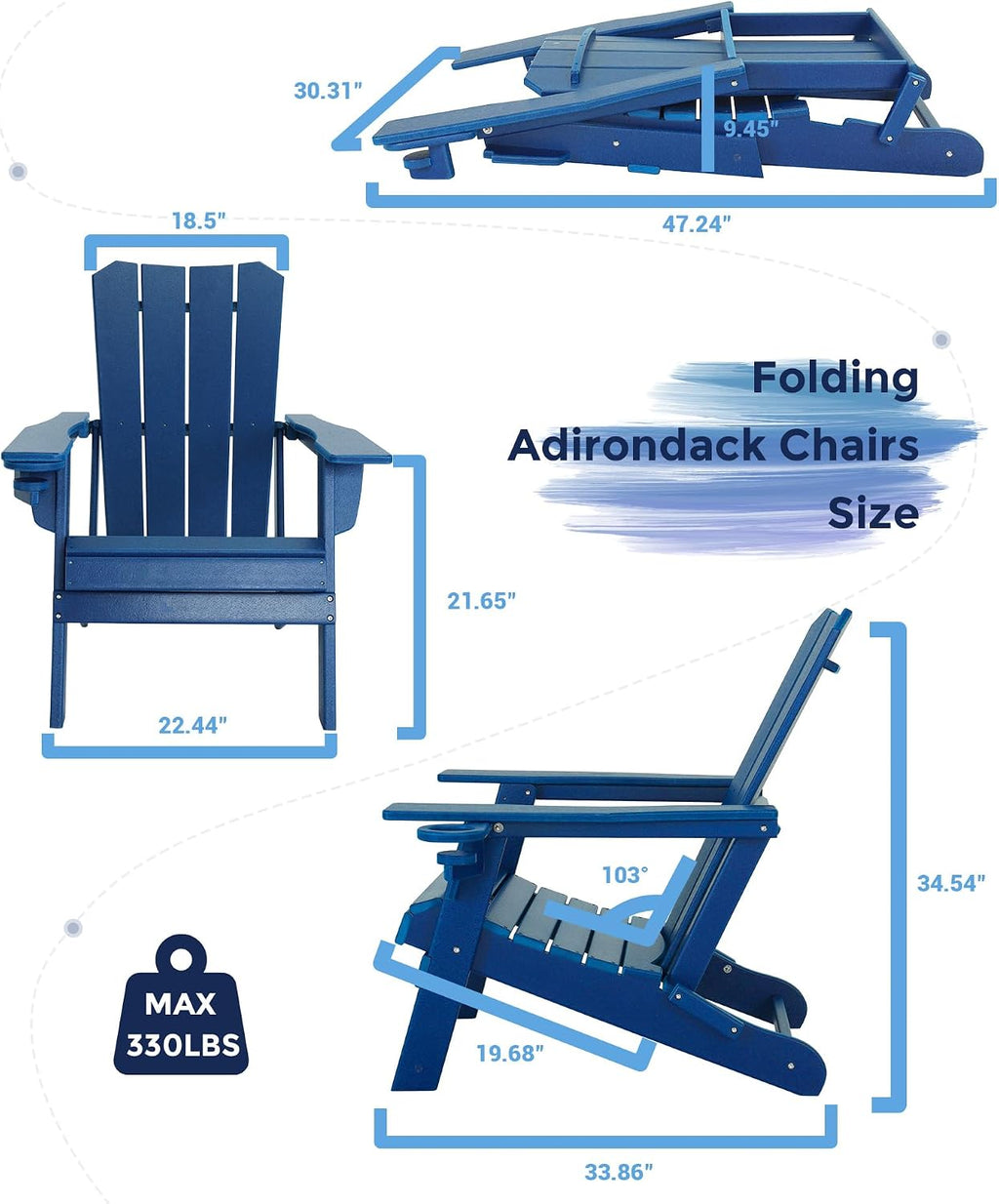 GARDENSTAR Adirondack Chair Oversized Folding Adirondack Chairs Recyclable HDPE Modern Adirondack Chair with Cup Holder Poly Lumber Patio Chairs for Pool Patio Garden Outdoors Fire Pit Blue