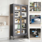 Kitchen Pantry Storage Cabinet, Gray 6 Tier Metal Display Cabinet with Transparent Double Doors, Adjustable Shelves & 360° Lockable Wheels, Easy Assembly, 65.16" W×23.62" D×15.75" H