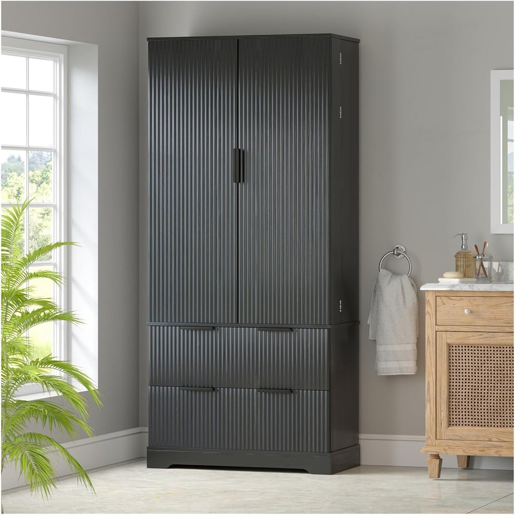 72" Modern Fluted Kitchen Pantry Cabinet with 2 Large Drawers & 8-Door Spice Rack, Freestanding Storage Organizer for Bathroom, Dining Room, Office, Entryway, White/Black,for Kitchen