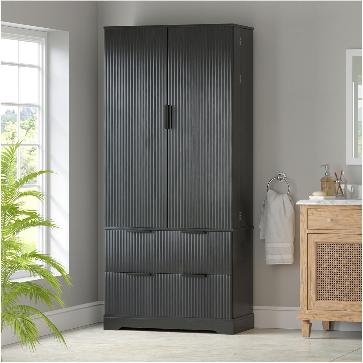72" Modern Fluted Kitchen Pantry Cabinet with 2 Large Drawers & 8-Door Spice Rack, Freestanding Storage Organizer for Bathroom, Dining Room, Office, Entryway, White/Black,for Kitchen