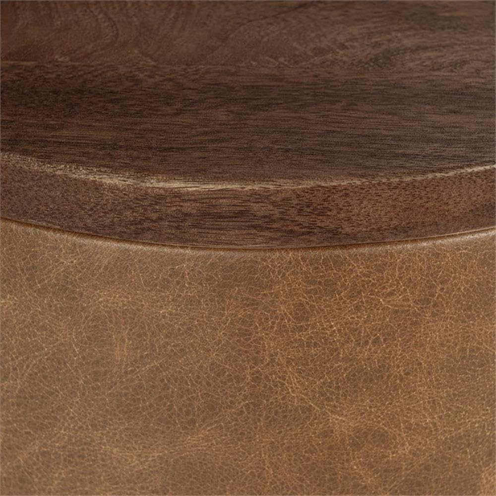 Pemberly Row Mango Wood Leather Wrap Accent End Table, Chestnut Finish, 16Wx16Dx24H, Rustic Grain Patterns, Genuine Leather Base, Round Tabletop, Elegant Modern or Rustic Living Room Furniture