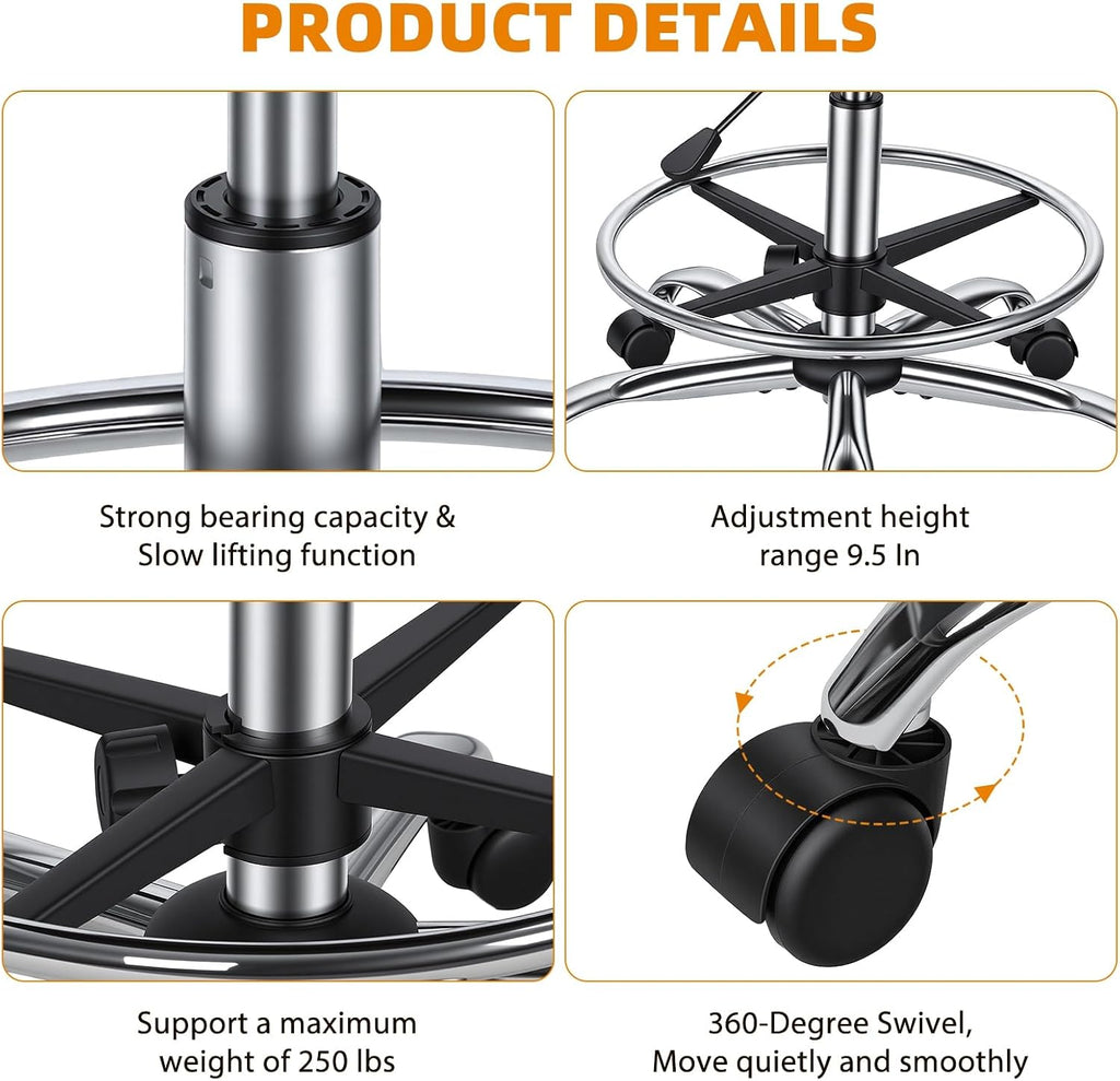 Height Adjustable Drafting Stool with Backrest, Tall Office Faux Leather Chair with Footrest Ring, Heavy Duty Rolling Swivel Stool 250lbs Capacity for Standing Desk, Salon, Bar, Studio Black