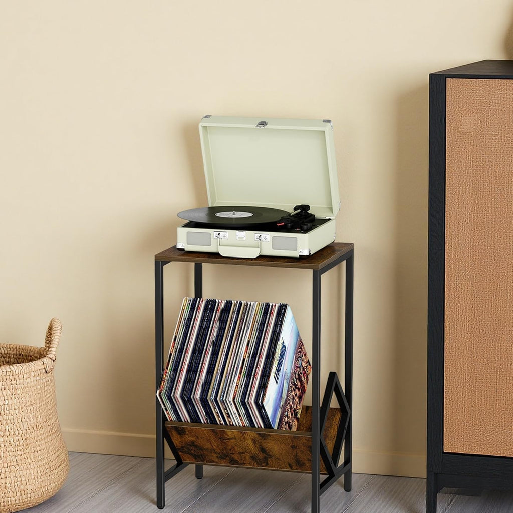 2 Tier End Table, Side Table, Record Player Stand with Storage Up to 100 Albums, Vinyl Record Storage, Turntable Stand for Vinyl, Brown Records Player Table for Living Room Bedroom