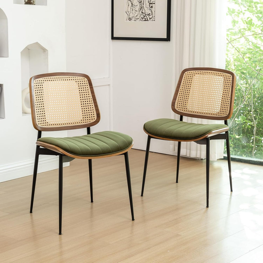 Rattan Dining Room Chairs Set of 2, Mid Century Modern Kitchen Chairs,Green Velvet Walnut Wood Finish Side Chair, Metal Legs Chair with Rattan Backrest,Green Fabric