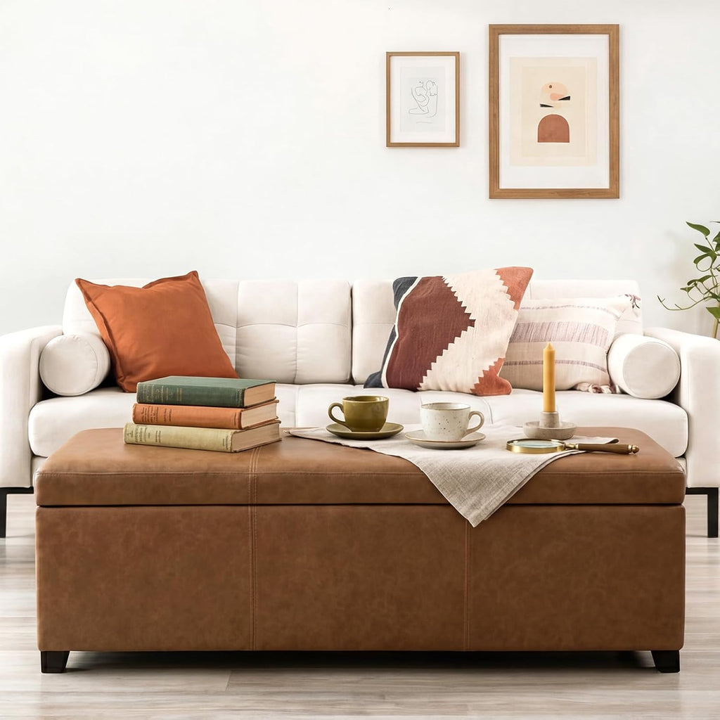 Joveco 47 Inch Storage Ottoman Bench,Tufted Leather Storage Bench with Nailhead Trim for Bedroom (47”,Ochre Yellow)