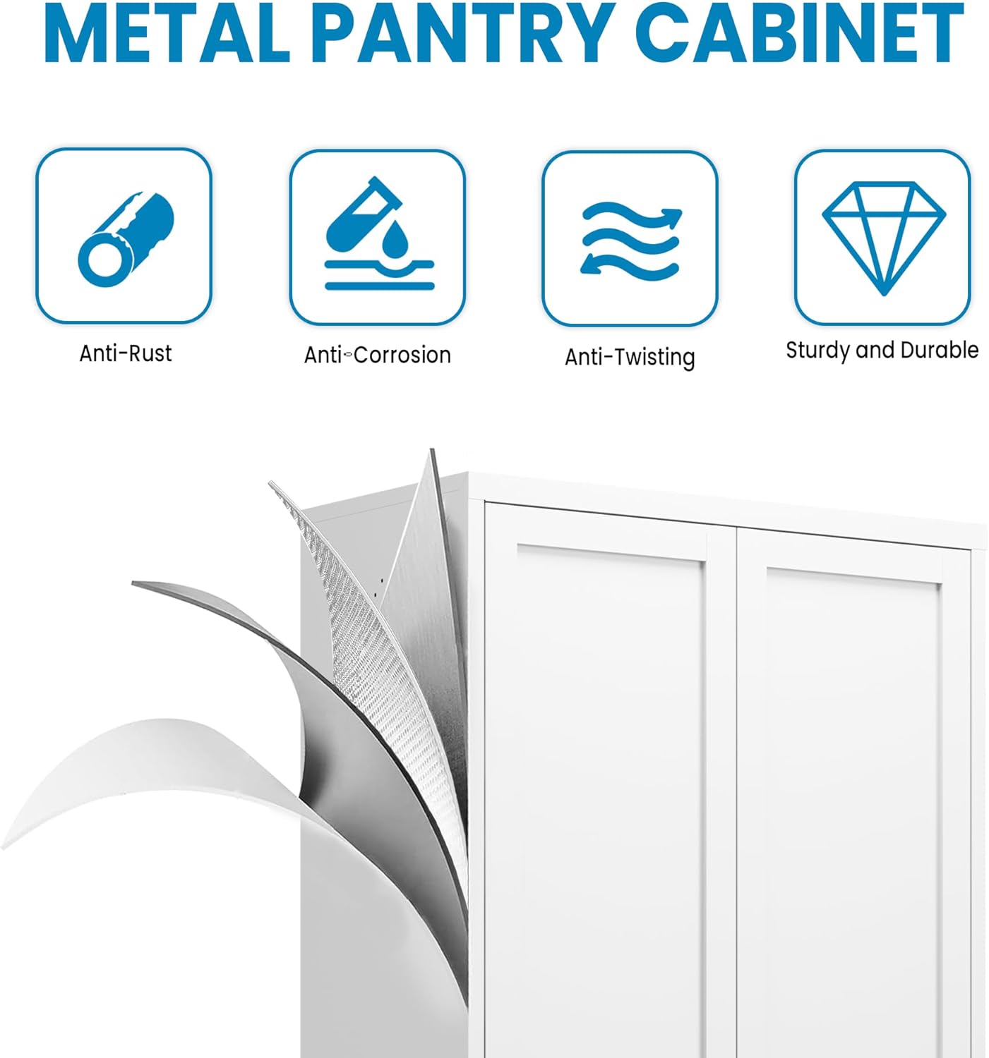 White Steel Pantry Cabinet with 2 Adjustable Shelves, Metal Storage Cabinets for Kitchen, Living Room, Bathroom, Heavy Duty Freestanding Utility Cabinet, Assembly Require