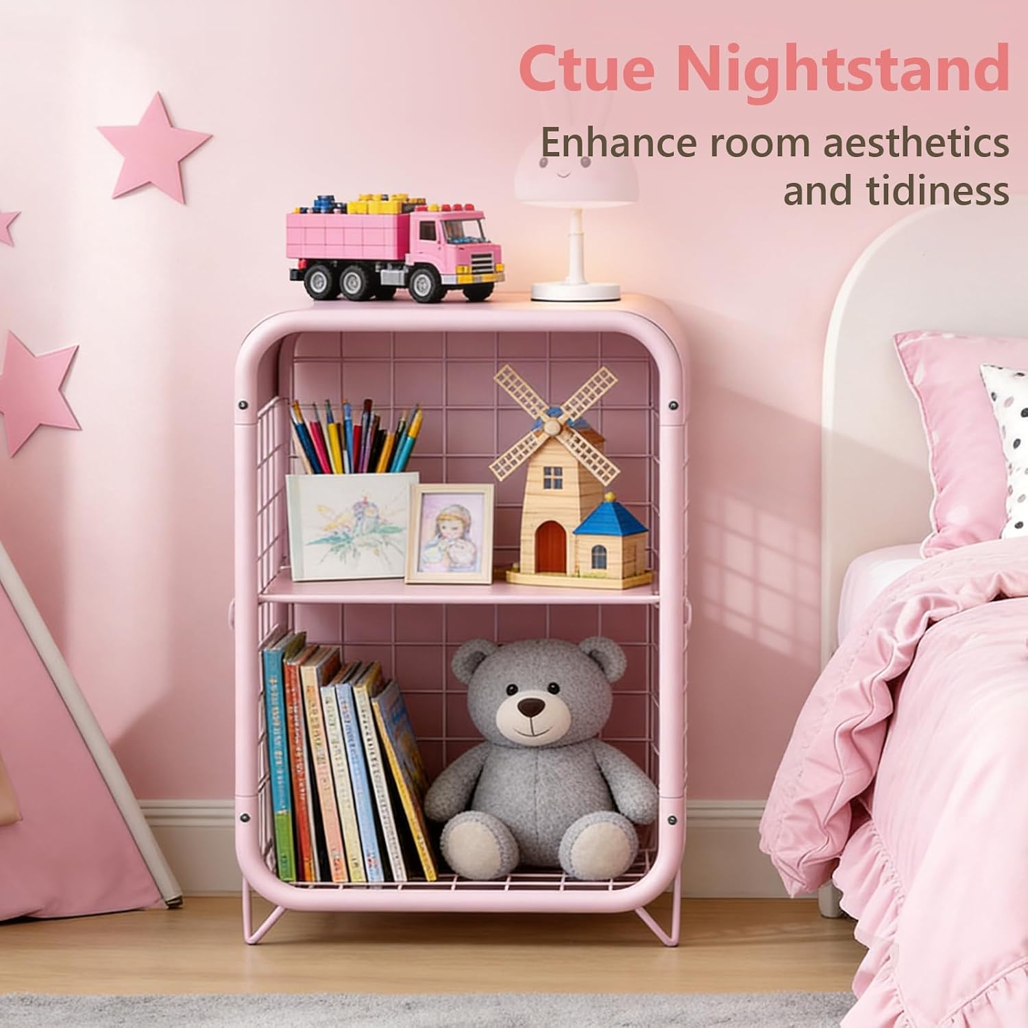Cute Nightstand, Metal End Table, Side Table with Storage, 3-Tier Narrow End Table for Girls, Small Beside Table for Bedroom, Living Room, Office, Decor, Pink
