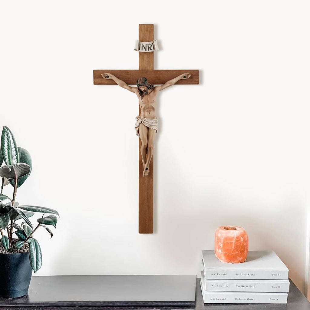 Crucifix Wall Cross - 14 Inch Olive Wood Wall Crucifix, Hand Painted Resin Jesus on Wooden Crucifix Catholic Home Decor Housewarming Religious Gifts