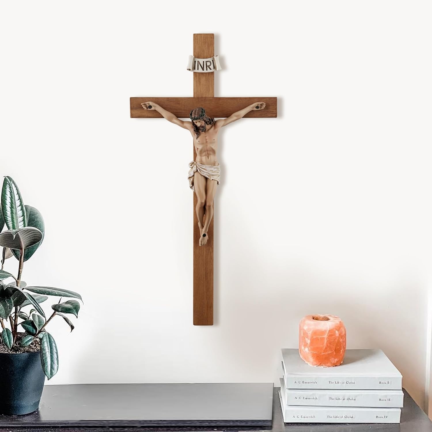 Crucifix Wall Cross - 14 Inch Olive Wood Wall Crucifix, Hand Painted Resin Jesus on Wooden Crucifix Catholic Home Decor Housewarming Religious Gifts