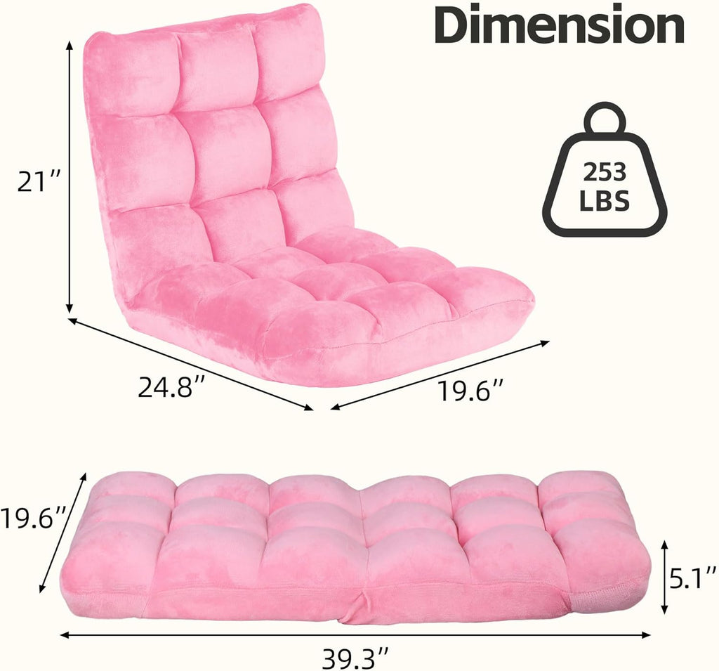 SUPER DEAL 14-Position Folding Floor Chair Gaming Sofa Cushioned Padded Reclining Bed Lounge Couch Seating for Comfy Reading, Reading, Gaming, Relaxing, Watching TV, Pink