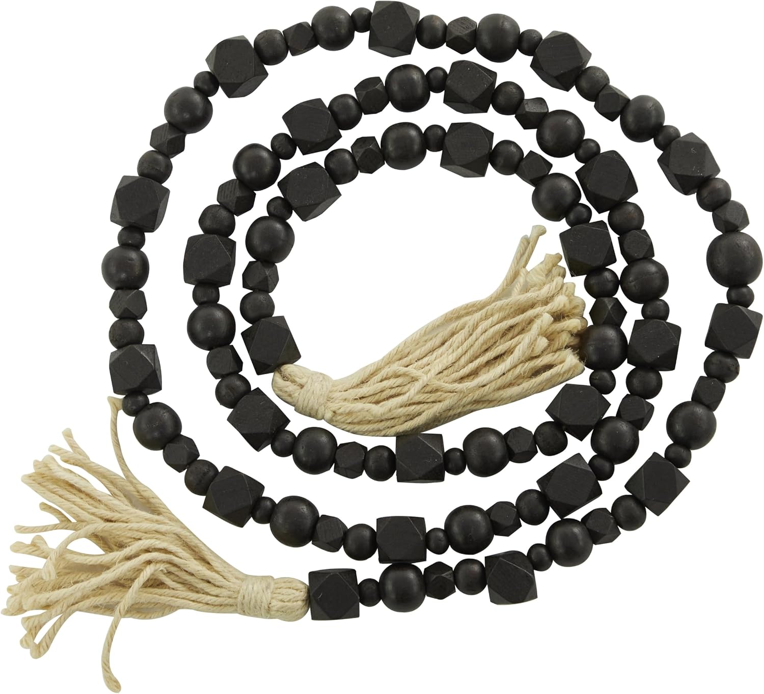 Deco 79 Wood Geometric Handmade Beaded Garland with Tassel, 1" x 1" x 80", Black