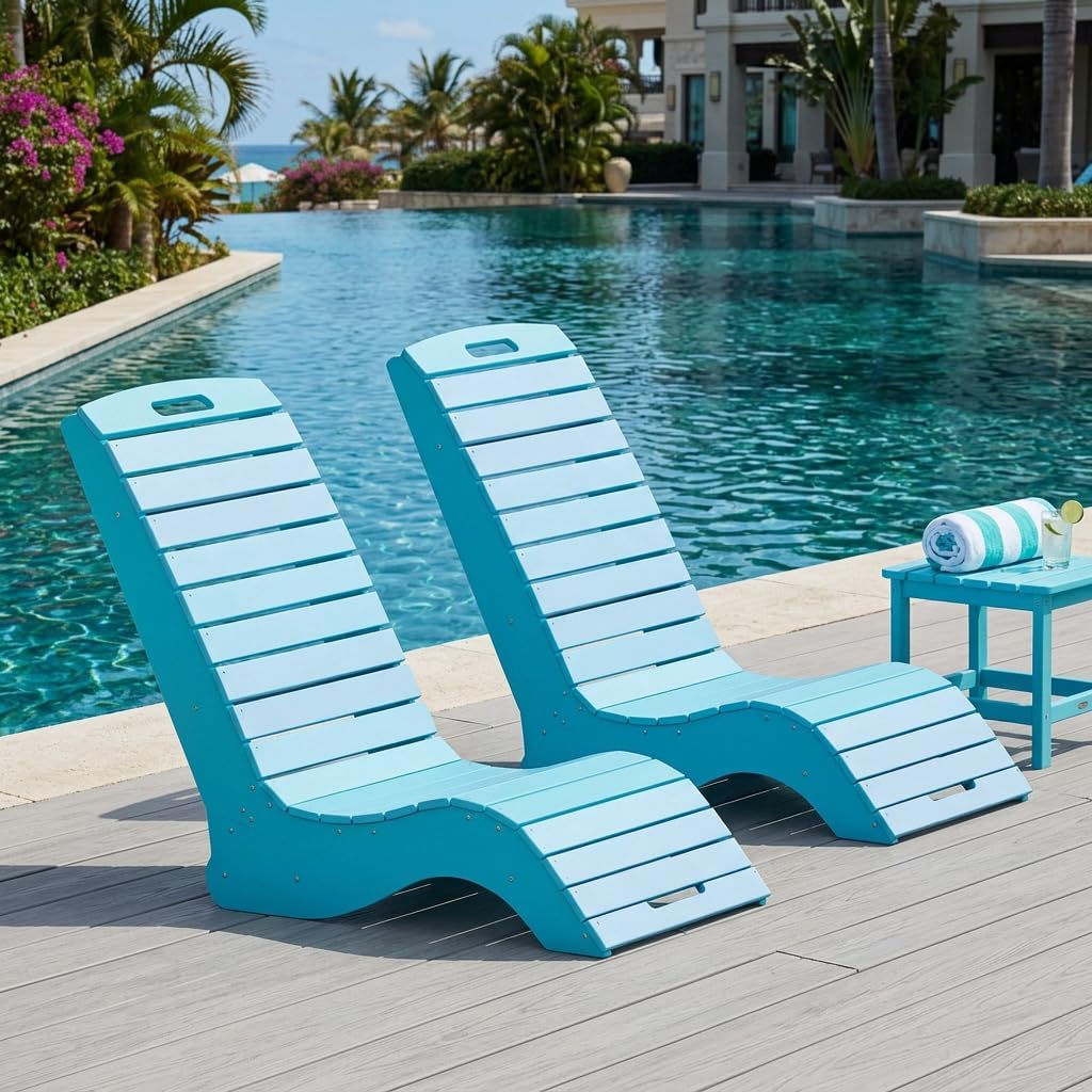 MELLCOM HDPE Pool Lounge Chairs Set of 2, in Pool Lounge Chairs up to 10-Inches of Water, Chaise Lounge Chairs with Wheels, S Shape Patio Lounge Chairs for Pool, Deck, Garden, Beach, Blue