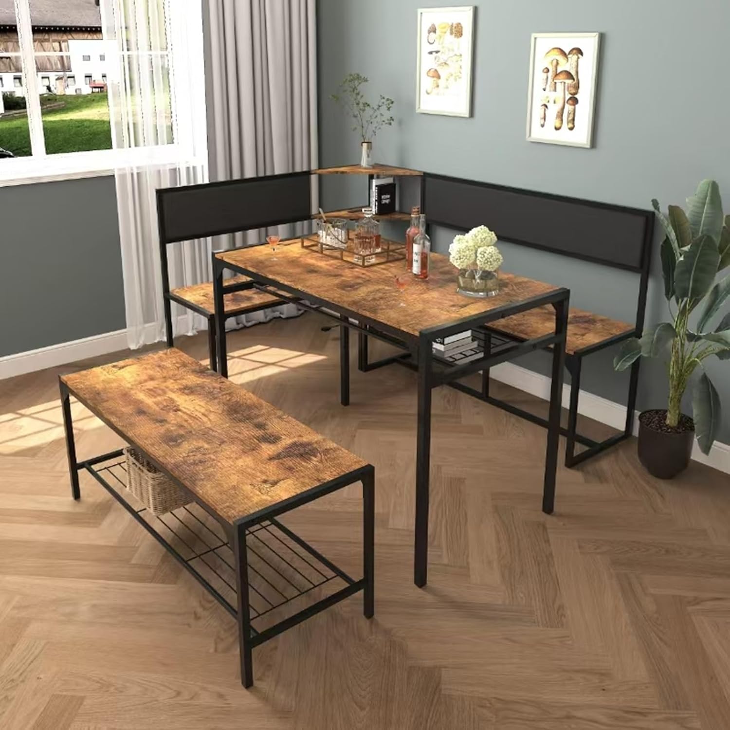 KEIKI 3-Piece Corner Dining Table Set for 4-6, Industrial Kitchen Table and Chair Sets with Storage & Bench, Farmhouse Rectangle Tables & L-shaped Seat for Living Room Breakfast Nook Restaurant, Brown
