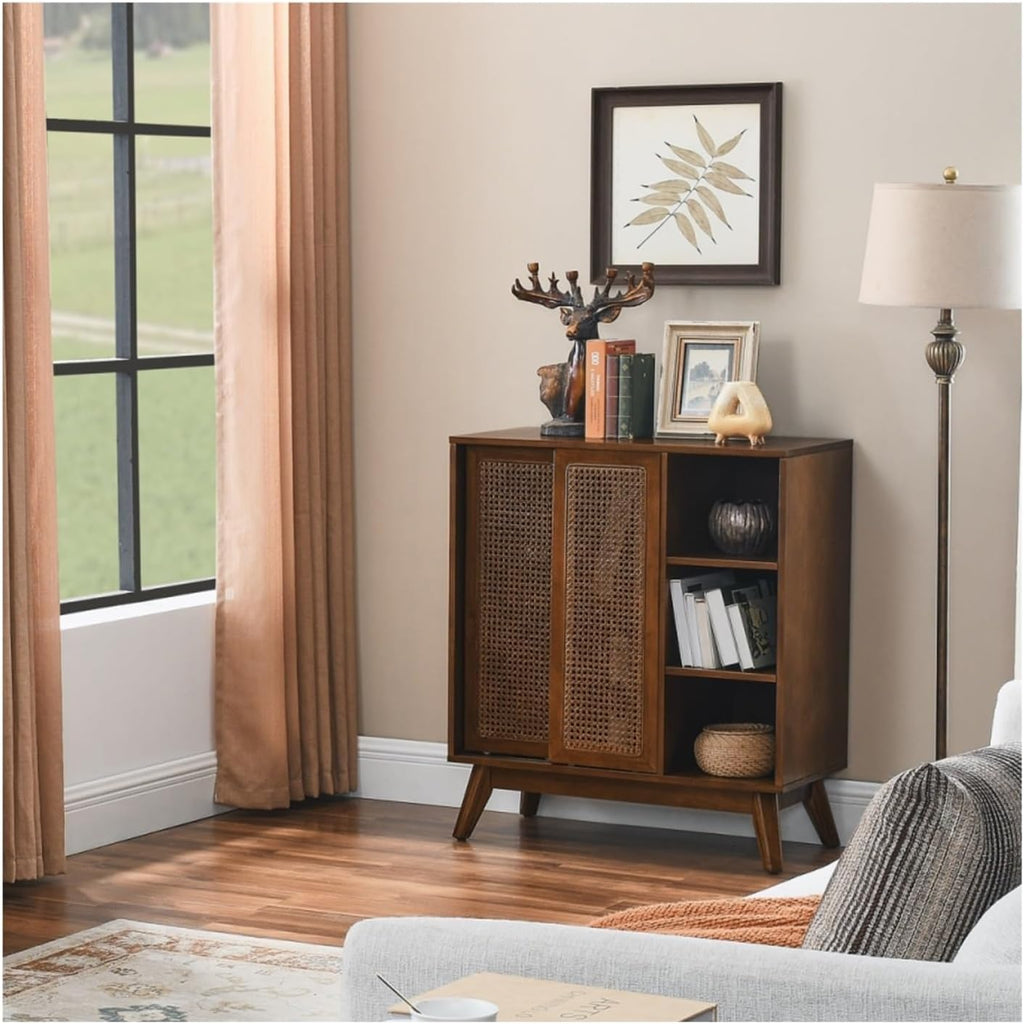 Mid Century Modern Rattan Sideboard Cabinet, Buffet Cabinet for Entryway Hallway Living Room Kitchen Dining Room, Adjustable Shelf & Feet Doors,for Kitchen
