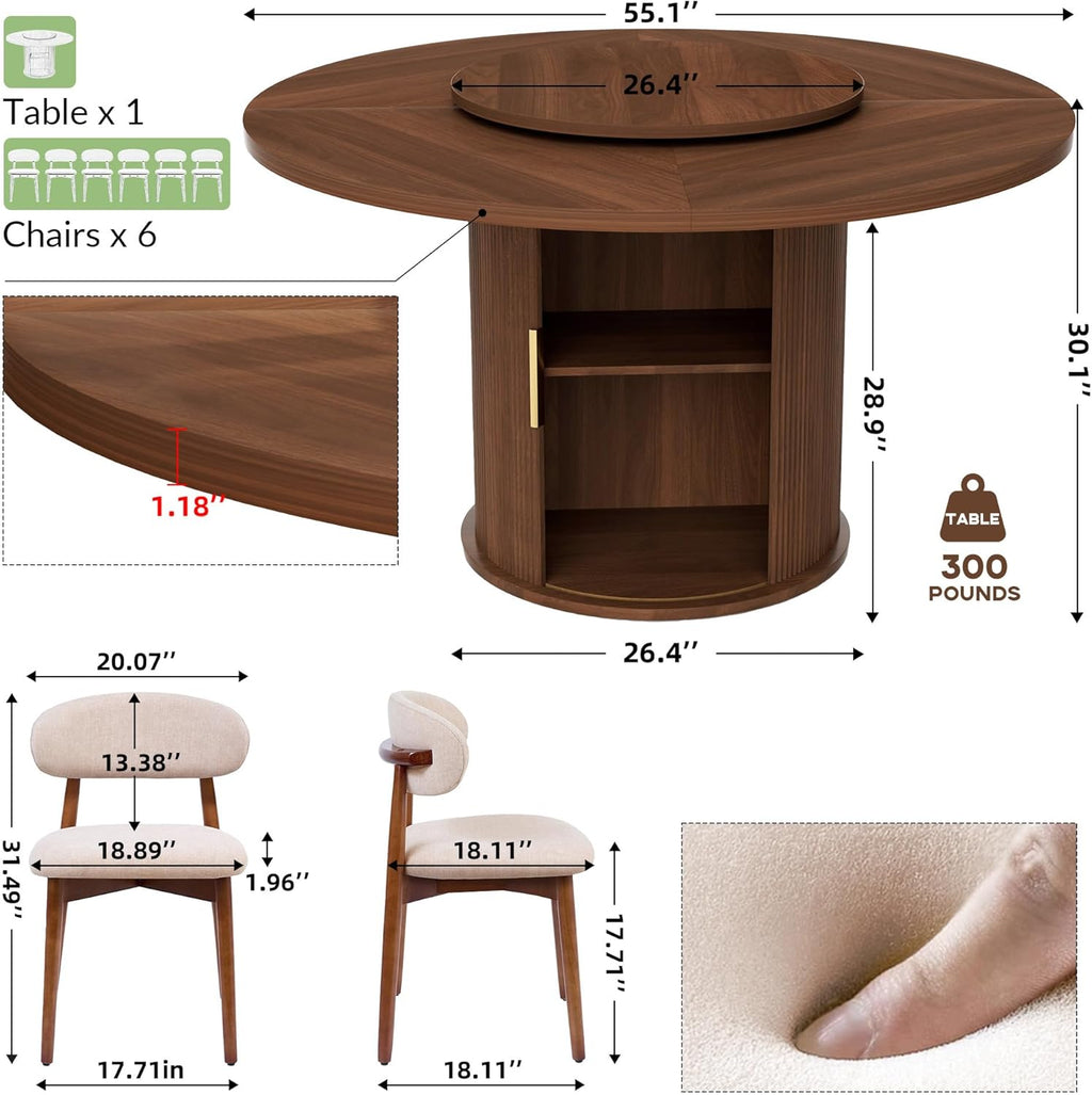 55.1” Round Dining Table Set for 6, Modern Kitchen Table Equipped with Storage Compartments and Sliding Doors, 7 Pieces Dining Table Chairs Set for Kitchen, Living Room (Walnut)